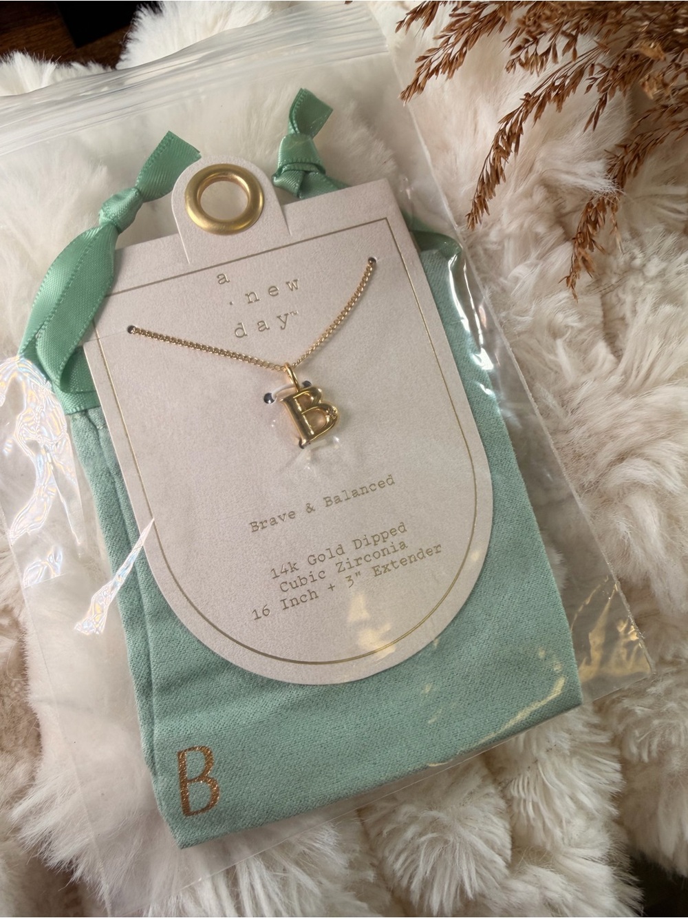 a new day Gold 'B' Initial Necklace with Mint Pouch